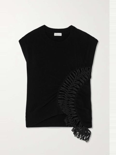 Cropped macramé and crochet-trimmed gathered cashmere top