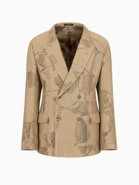 EMPORIO ARMANI Cotton crêpe, double-breasted jacket with a crocheted ginkgo motif