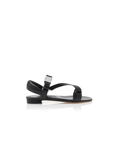 Manolo Blahnik Black Nappa Leather Buckle Detail Flat Sandals