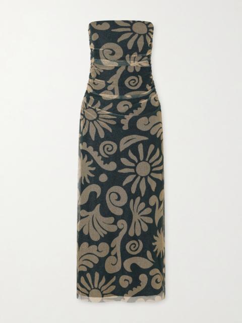 CALA de la CRUZ Daphne Ruched Printed Mesh Midi Dress