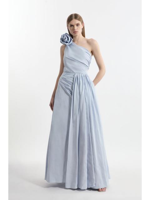 KAREN MILLEN Petite Taffeta Rosette Neck Tailored Pleat Gathered Maxi Dress