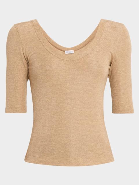 Brunello Cucinelli Shimmering Knit Elbow-Sleeve Blouse