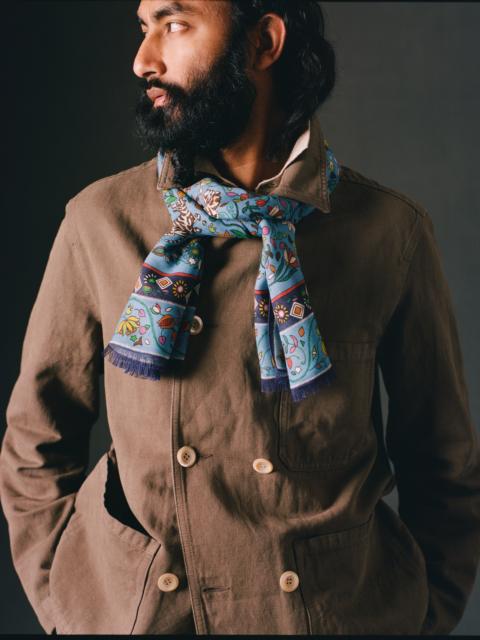 Drake's Blue Tiger Garden Print Wool Silk Scarf