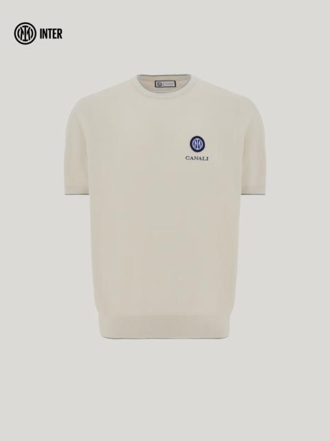 Canali MILK WHITE AND BRIANZA GREEN COTTON AND SILK T-SHIRT - INTER COLLECTION