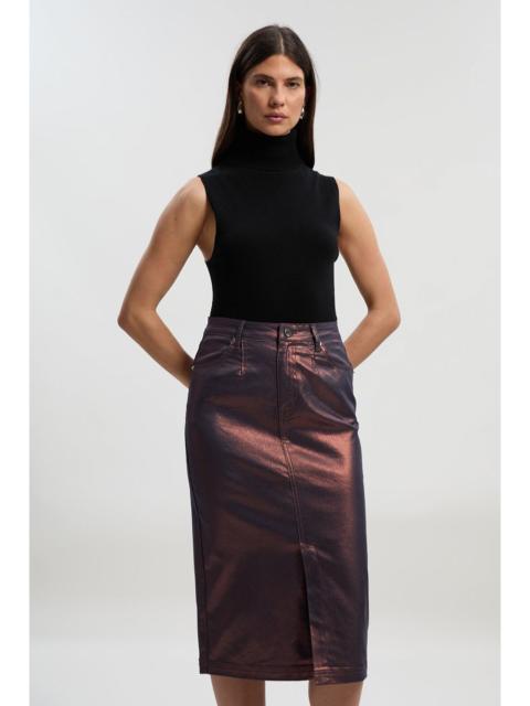 KAREN MILLEN Metallic Coated Denim Pencil Midi Skirt