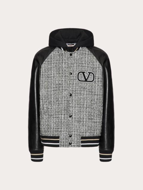 COTTON-WOOL TWEED HOODED BOMBER JACKET WITH VLOGO SIGNATURE EMBROIDERY