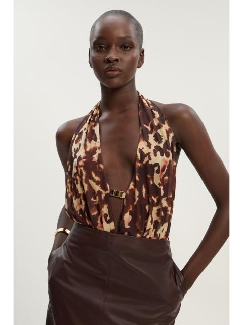 KAREN MILLEN Petite Leopard Print Plunge Halter Neck Trim Detail Mesh Bodysuit