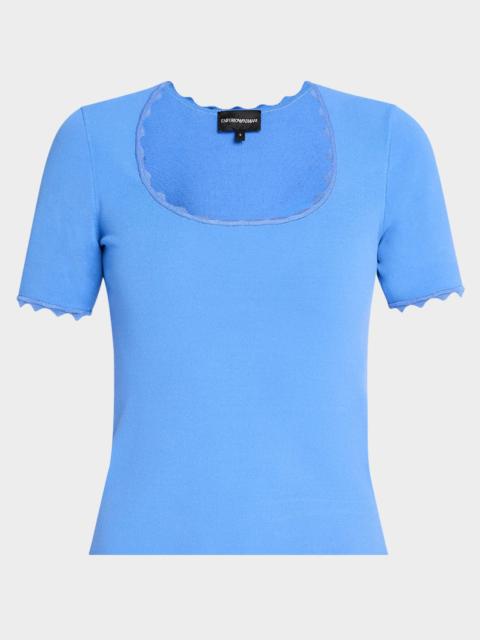 EMPORIO ARMANI Scalloped Scoop-Neck Stretch Milano Blouse