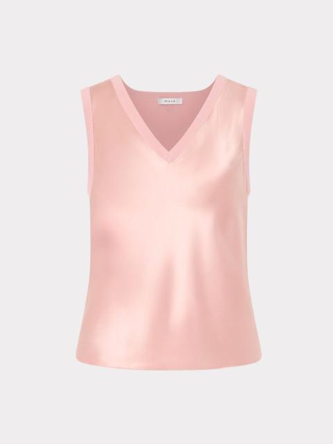 MILLY Satin Knit Combination V-Neck Shell Top