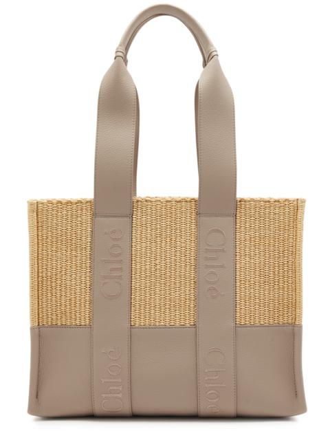 Woody leather and raffia tote