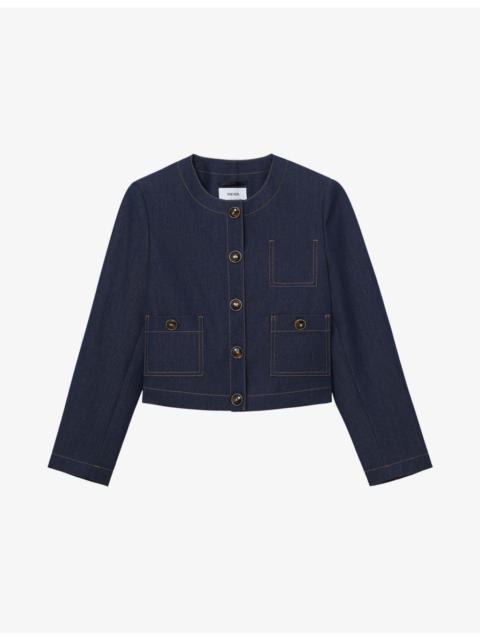 REISS Edie Collarless Cropped Denim-Blend Jacket