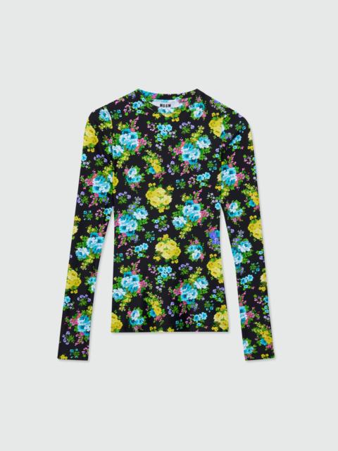 MSGM Black lycra T-shirt with floral print