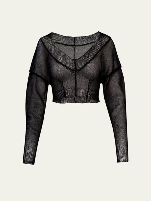 AISLING CAMPS Gossamer Sheer Knit Crop V-Neck Sweater