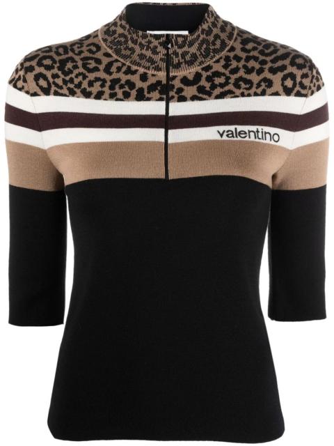 Valentino leopard print panel half-zip jumper
