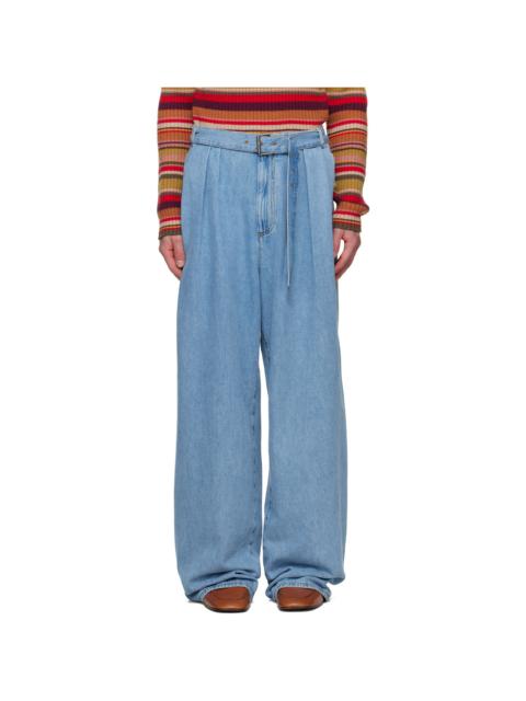 Dries Van Noten Blue Belted Pleat Jeans