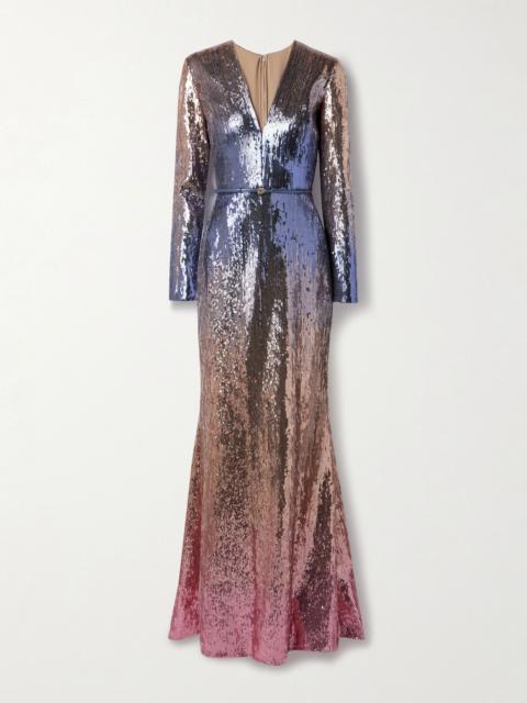 ELIE SAAB Belted ombré sequined tulle gown Pink