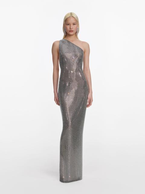 self-portrait Grey Rhinestone One Shoulder Maxi Dress
