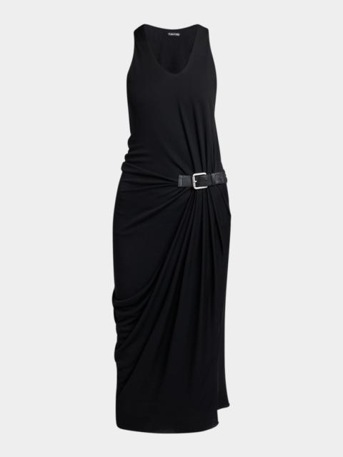 TOM FORD Buckle Gathered Crepe Jersey Sleeveless Midi Dress
