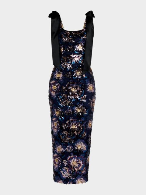 MILLY Kyle Satin Bow Sequin Column Midi Dress