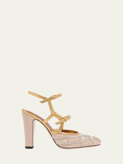 Valentino 100mm VLogo Embellished Satin and Metallic Leather Pumps