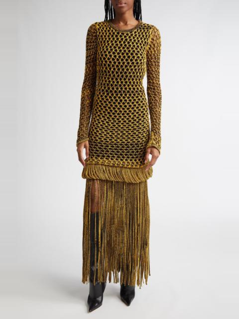 Diotima Medusa Long Sleeve Loop & Fringe Crochet Sweater Dress in Black-Yellow at Nordstrom