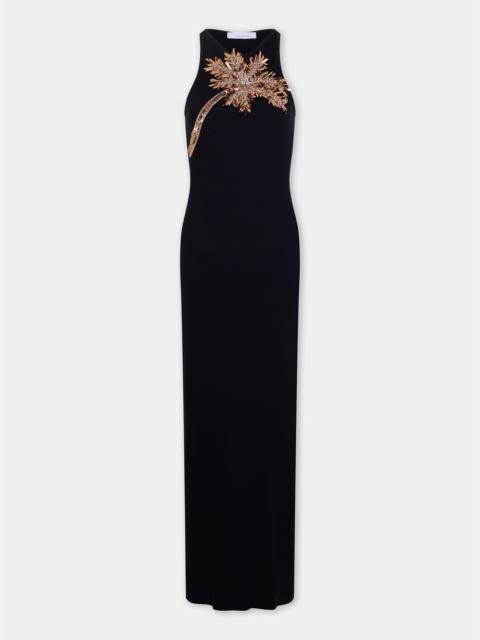 rabanne MAXI DRESS IN BLACK COTTON WITH PALM TREE-SHAPED EMBROIDERY