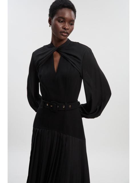 KAREN MILLEN Ponte And Georgette Mix Balloon Sleeve Cut Out Detail Pleated Maxi Dress