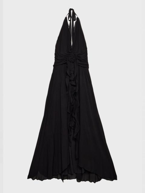 Blumarine LONG VISCOSE GEORGETTE DRESS WITH ROSE AND RUFFLES