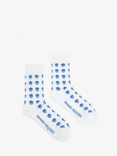 Alexander McQueen Men's Short Skull Socks in Off White/blue