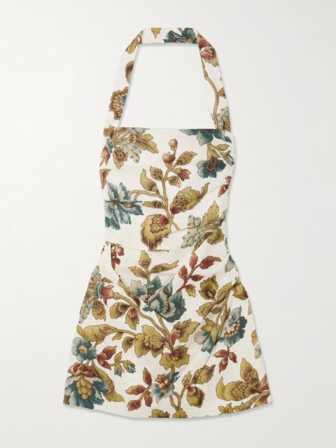 SIR. Floral-print linen halterneck mini dress Ecru