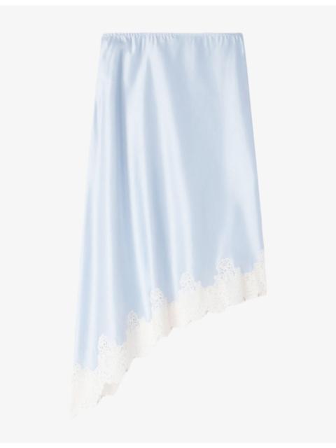 Sandro Asymmetrical Lace-Trim Satin Midi Skirt