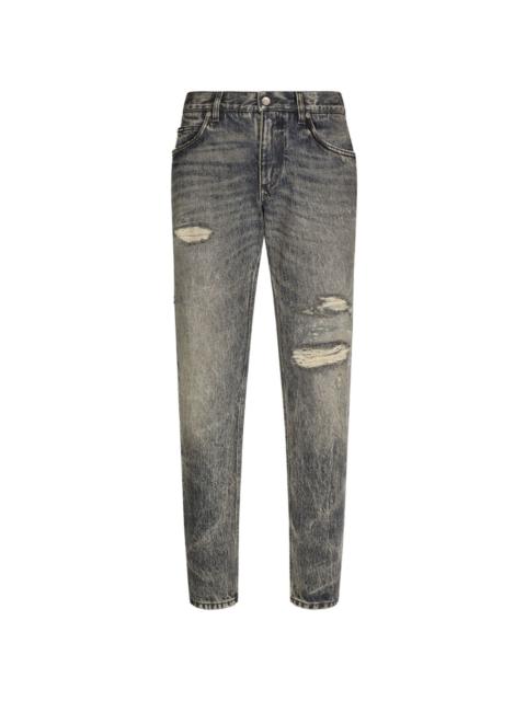 distressed slim-cut jeans