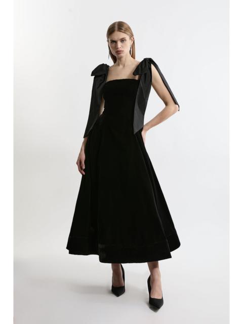KAREN MILLEN Velvet Bardot Woven Prom Midaxi Dress With Taffeta Bow