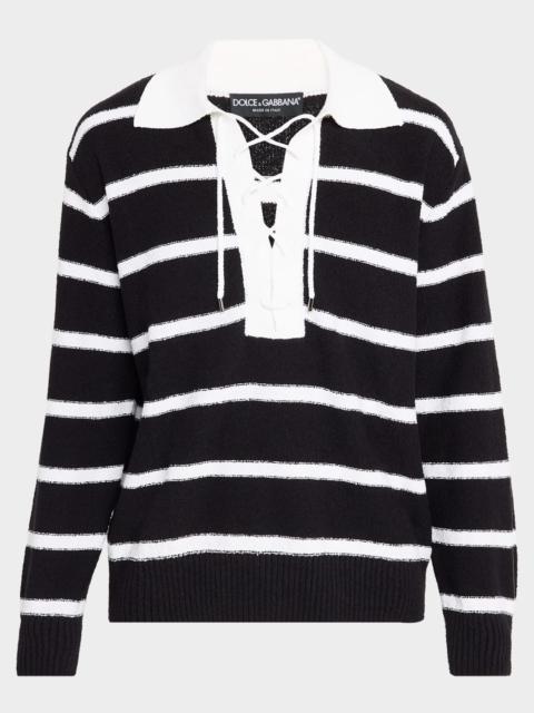 Dolce & Gabbana Men's Lace-Up Johnny Collar Polo Sweater
