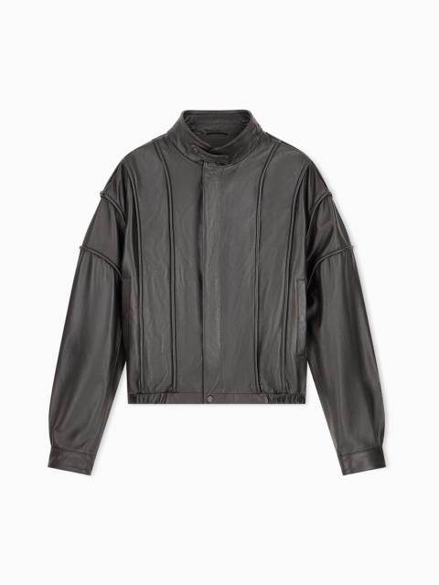 EMPORIO ARMANI CROPPED NAPPA LEATHER BLOUSON JACKET WITH A STAND COLLAR