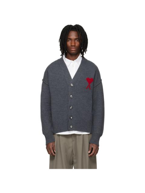 AMI Paris Gray Wool Contrasted Ami de Coeur Cardigan