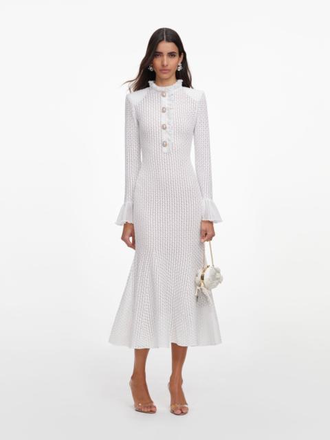 self-portrait White Pointelle Knit Flare Midi Dress