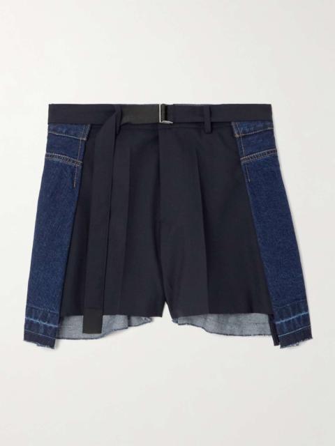 sacai Belted pleated denim and shell shorts Navy