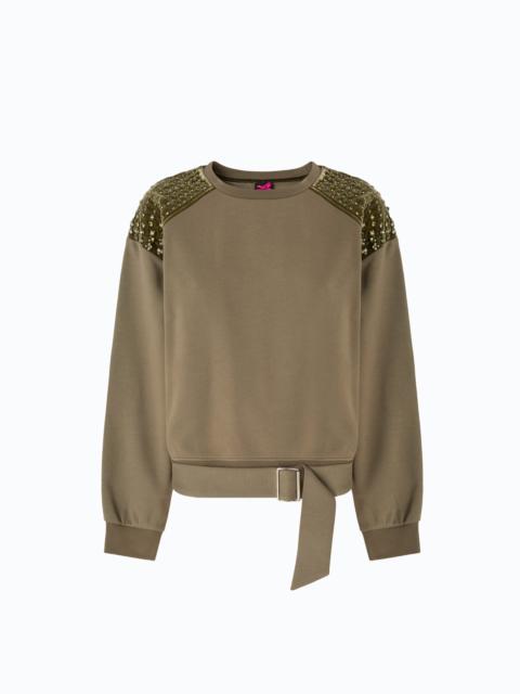 PINKO COTTON SWEATSHIRT WITH RHINESTONES ON THE SHOULDERS