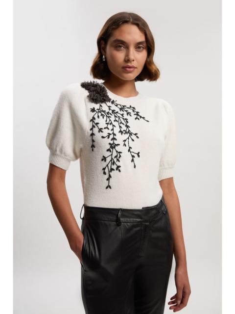 KAREN MILLEN Flower And Beaded Puff Sleeve Knit Tee