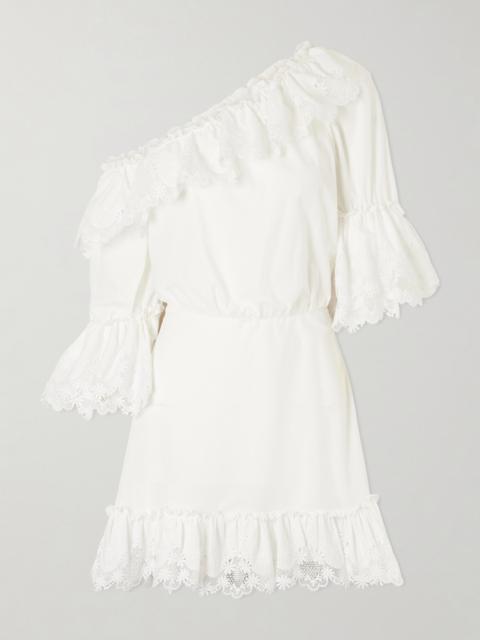 SAINT LAURENT One-shoulder Guipure-lace Trimmed Cotton-poplin Mini Dress