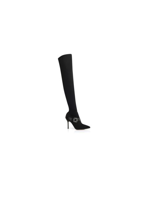 Manolo Blahnik Black Suede Jewel Buckle Thigh High Boots