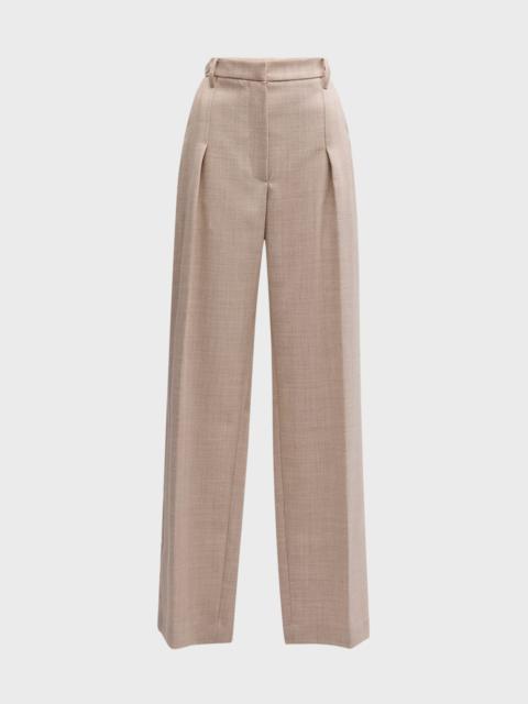 Combed Wool Herringbone Pleated Wide-Leg Pants