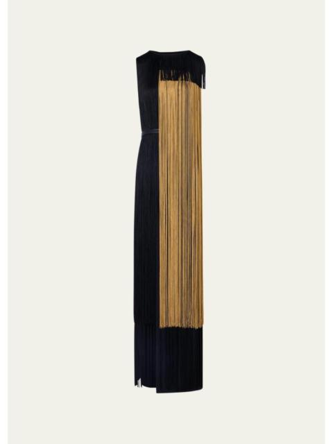 AKRIS Colorblock Oro Lienzo Fringe Column Gown