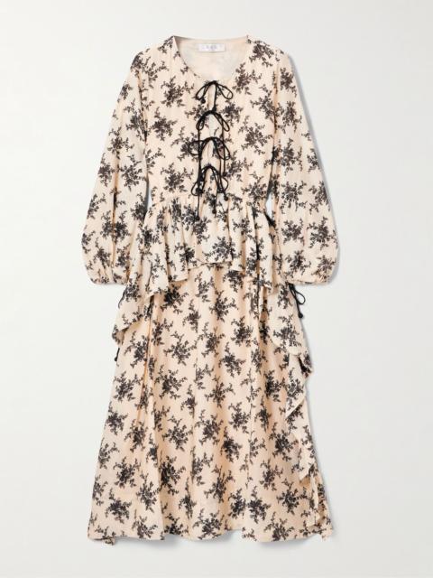 Sea Joan tie-detailed ruffled floral-print voile midi dress Cream