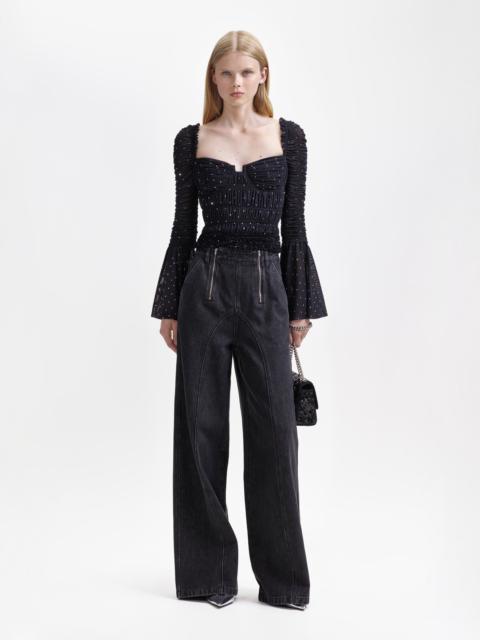 self-portrait Black Mesh Rhinestone Top