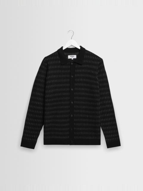 Wax London Tristan - Black And Charcoal Rib Check Long-Sleeve Knitted Polo