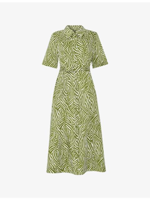 WHISTLES Linear leaf-print short-sleeve woven midi dress