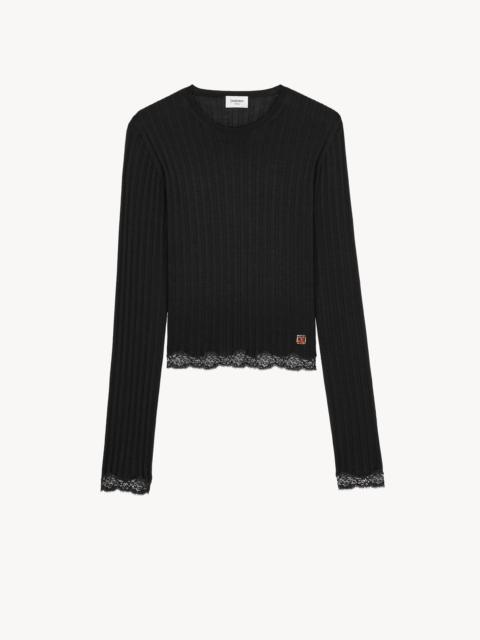 SAINT LAURENT CASSANDRE LACED TOP IN RIBBED WOOL, CASHMERE, AND SILK