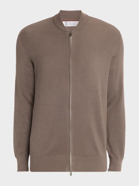 Brunello Cucinelli Men's Cotton Rib Baseball Collar Zip Cardigan